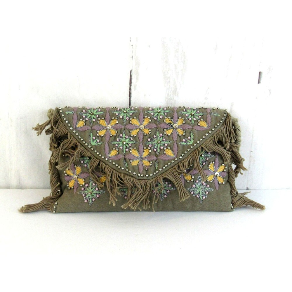 Embroidered And Beaded Tan Crossbody Bag Fringe Made in India 70's Inspired Boho